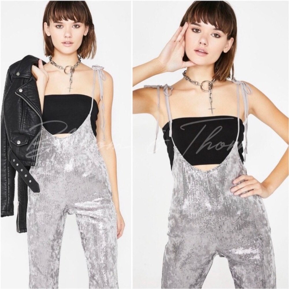 Silver sequin tie shoulder jumpsuit